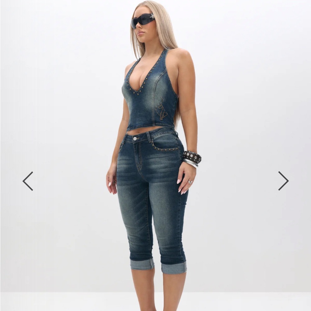 Halter Neck Denim Top with Studs
